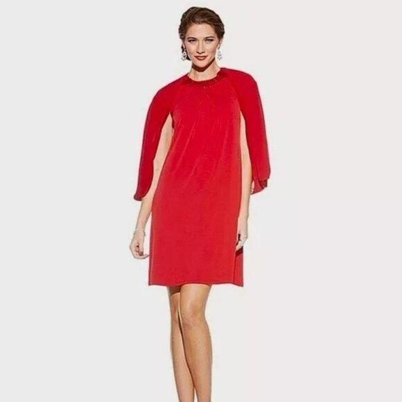 Badgley Mischka Red Dress Jewel Neck w/Matching Chiffon Cape Dress SMALL & 2X - Picture 2 of 8